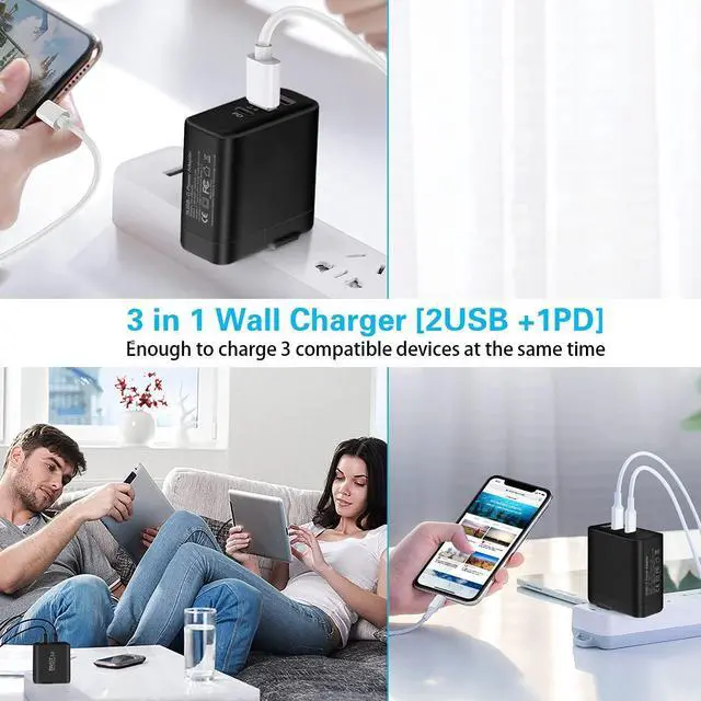 Alt view image 2 of 7 - USB C Charger [2 Pack], 30W 3-Port Fast Type C Wall Charger Block with PD 3.0 + 5V/2.4A Foldable USB C Charging Block Plug Compatible for i-Phone 14/13/Pro Max/Sa-m-su-ng Galaxy/Pixel 7 - Black