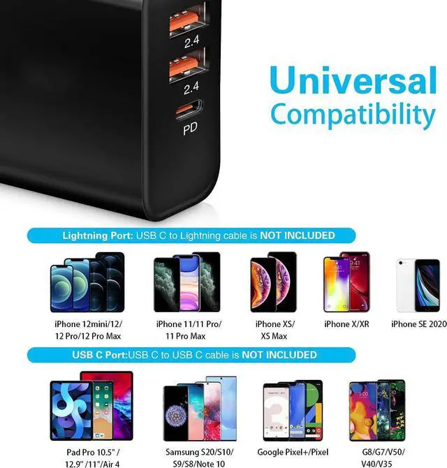 Alt view image 6 of 7 - USB C Charger [2 Pack], 30W 3-Port Fast Type C Wall Charger Block with PD 3.0 + 5V/2.4A Foldable USB C Charging Block Plug Compatible for i-Phone 14/13/Pro Max/Sa-m-su-ng Galaxy/Pixel 7 - Black