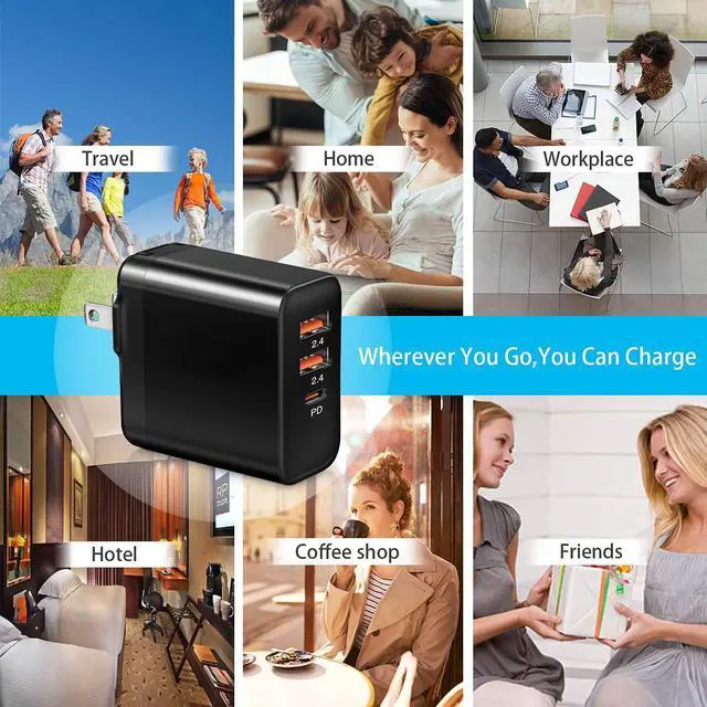 Alt view image 7 of 7 - USB C Charger [2 Pack], 30W 3-Port Fast Type C Wall Charger Block with PD 3.0 + 5V/2.4A Foldable USB C Charging Block Plug Compatible for i-Phone 14/13/Pro Max/Sa-m-su-ng Galaxy/Pixel 7 - Black