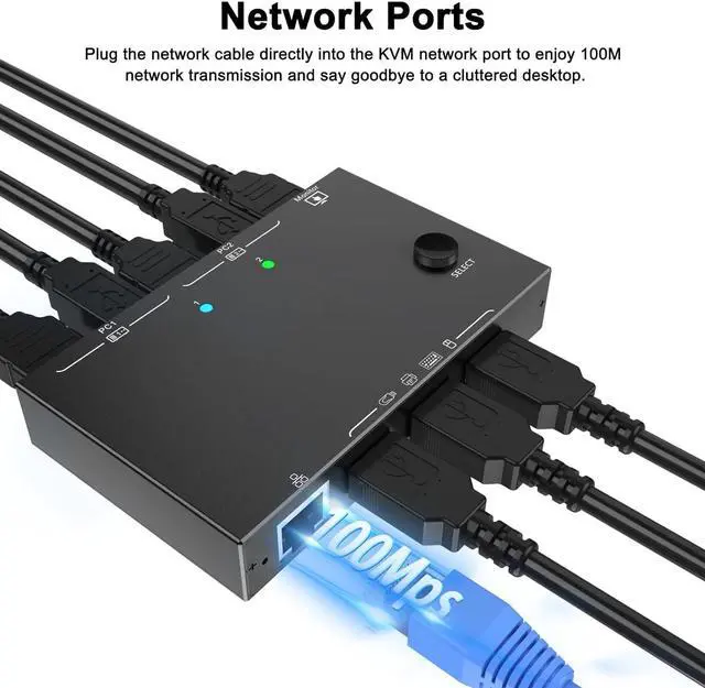 Alt view image 5 of 7 - 2 Port HDMI KVM Switch 2 PC 1 Monitor 4K@60Hz 2K@144Hz, 2 in 1 Out HDMI KVM Switch with Ethernet and 4 USB 2.0 ports for 2 PC Sharing 1 Monitor and keyboard, mouse, printer, U disk, with 2 USB cables