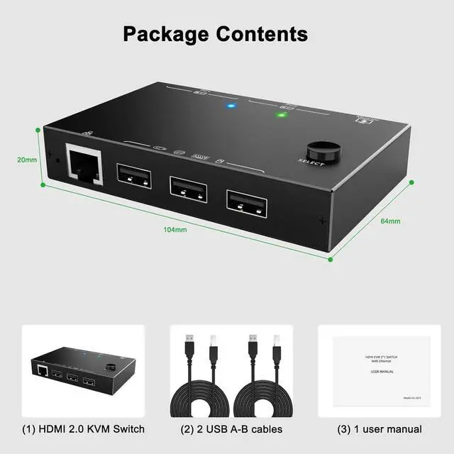 Alt view image 7 of 7 - 2 Port HDMI KVM Switch 2 PC 1 Monitor 4K@60Hz 2K@144Hz, 2 in 1 Out HDMI KVM Switch with Ethernet and 4 USB 2.0 ports for 2 PC Sharing 1 Monitor and keyboard, mouse, printer, U disk, with 2 USB cables