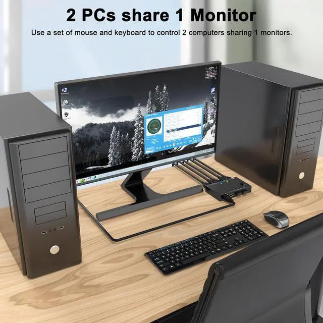 Alt view image 4 of 7 - 2 Port HDMI KVM Switch 2 PC 1 Monitor 4K@60Hz 2K@144Hz, 2 in 1 Out HDMI KVM Switch with Ethernet and 4 USB 2.0 ports for 2 PC Sharing 1 Monitor and keyboard, mouse, printer, U disk, with 2 USB cables