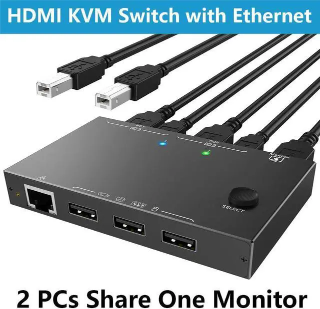 Main image of 2 Port HDMI KVM Switch 2 PC 1 Monitor 4K@60Hz 2K@144Hz, 2 in 1 Out HDMI KVM Switch with Ethernet and 4 USB 2.0 ports for 2 PC Sharing 1 Monitor and keyboard, mouse, printer, U disk, with 2 USB cables