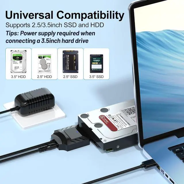Alt view image 6 of 6 - SATA to USB Adapter, USB 3.0 Hard Drive to USB Adapter for 2.5/3.5 Inch HDD/SSD, USB to SATA Adapter, External Hard Drive Reader, 3.5 inch SSD Need 12V/2A Power Supply (Free Power Supply)