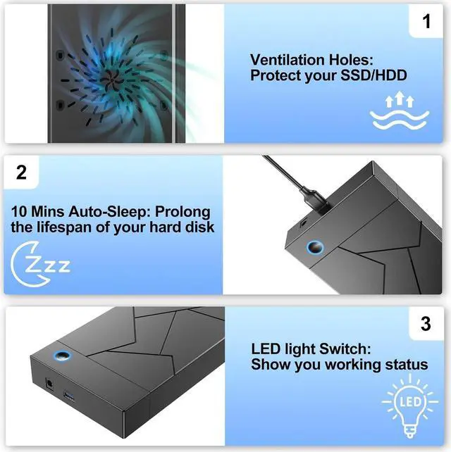 Alt view image 6 of 7 - Hard Drive Enclosure 3.5, External Hard Drive Enclosure 3.5 HDD Enclosure Reader, USB 3.0 to 2.5 3.5 Inch SATA SSD HDD up to 8TB Multi Hard Drive Case with 12V Power Adapter Supply UASP Laptop