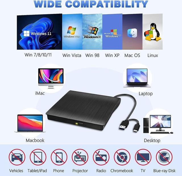 Alt view image 3 of 7 - External CD DVD Drive, USB 3.0 & Type-C CD Burner Portable CD DVD +/-RW Optical Drive Slim CD DVD ROM Rewriter CD/DVD Player Writer Reader for Laptop Desktop Mac-Book PC Windows Linux Mac OS (Black)