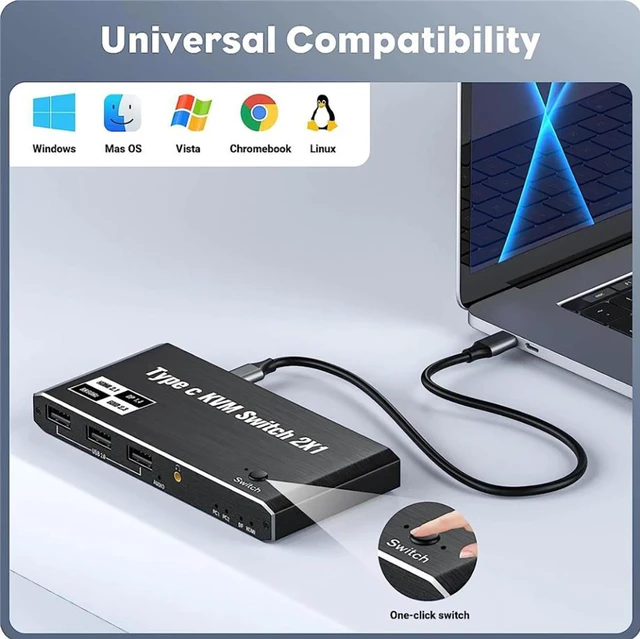 Alt view image 6 of 7 - USB-C KVM Switch 2 in 1 Out (HDMI or DP Out), 2 Port Type-C KVM Switch, USB-C KVM with 4 USB 2.0 Port Support 8K@60Hz, 100W PD Fast Charging, 2 PC Share Mouse, Keyboard and DisplayPort/HDMI Monitor