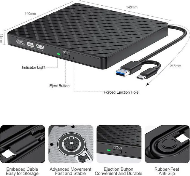 Alt view image 3 of 6 - External CD DVD Drive, USB 3.0 Type-C Portable CD DVD +/-Rw Drive Reader, DVD/CD ROM Burner Rewriter, Slim Optical DVD Drive for Laptop, Desktop, Mac, Macbook, OS/Windows/Linux (Black)