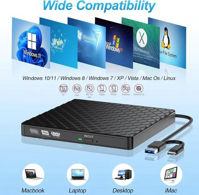 Alt view image 2 of 6 - External CD DVD Drive, USB 3.0 Type-C Portable CD DVD +/-Rw Drive Reader, DVD/CD ROM Burner Rewriter, Slim Optical DVD Drive for Laptop, Desktop, Mac, Macbook, OS/Windows/Linux (Black)
