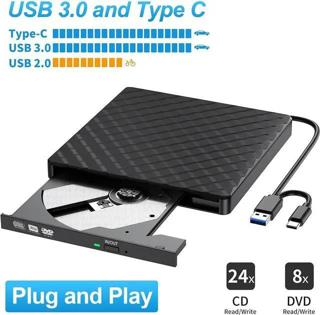 Main image of External CD DVD Drive, USB 3.0 Type-C Portable CD DVD +/-Rw Drive Reader, DVD/CD ROM Burner Rewriter, Slim Optical DVD Drive for Laptop, Desktop, Mac, Macbook, OS/Windows/Linux (Black)