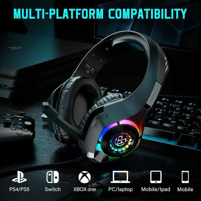 Alt view image 4 of 6 - Wired Gaming Headset for PS4 PS5 Switch Xbox One PC with RGB Light, Noise Canceling Mic, Surround Sound Gaming Headphones