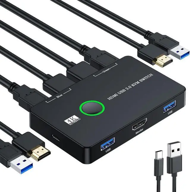Main image of HDMI KVM Switch 2 in 1 Out, USB 3.0 HDMI KVM Switch for 2 Computers Share Keyboard Mouse Printer to One HD Monitor, Supports 4K@60Hz, 2 HD-MI cables, 2 USB Cables and 1 USB C Charge Cable Included