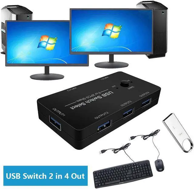 Main image of USB Switch 2 in 4 Out, USB Switcher Selector 2 Port for 2 Computer Share 4 USB Device Keyboard Mouse Printer Scanner U Disk, USB 2.0 switcher Compatible with Windows, Linux etc.