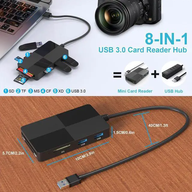 Alt view image 7 of 7 - USB 3.0 Multi Card Reader for PC, XD Picture Card Reader USB Adapter with 5 Card Slots and 3 USB3.0 Port for SD TF CF XD MS keyboard mouse U Disk, Memory Stick Pro Duo Reader Read 8 Ports Simultaneous