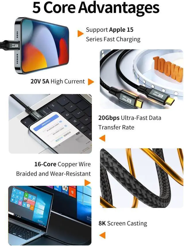 Alt view image 5 of 7 - USB C to USB C 3.1 Gen 2 Cable (6.6FT/2M ), 20Gbps Data Transfer- 8K@60Hz Video Output Monitor Cable -100W PD Fast Charging Cord USB C Display Cable-Type C to Type C Cable for iPhone 15,MacBooks,iPad