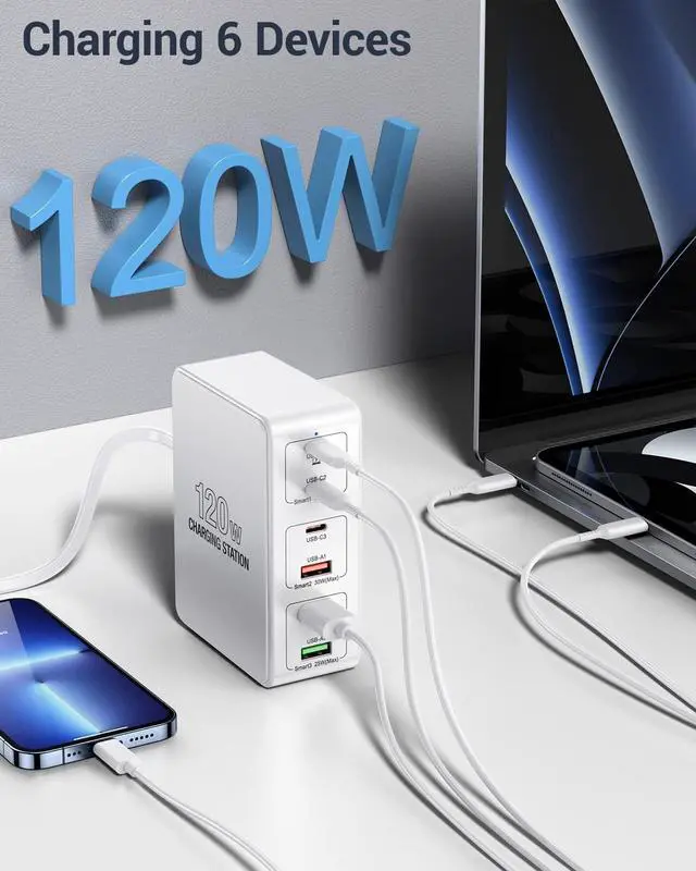 Alt view image 3 of 7 - 120W USB C Charging Station, Multiport USB Charging Station, Multi USB Charger Station, 6 Ports USB Charging Station for Multiple Devices, USB Charging Hub Compatible with MacBook, Laptop, Smartphones