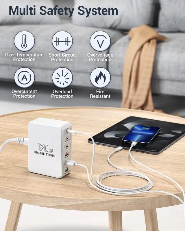 Alt view image 5 of 7 - 120W USB C Charging Station, Multiport USB Charging Station, Multi USB Charger Station, 6 Ports USB Charging Station for Multiple Devices, USB Charging Hub Compatible with MacBook, Laptop, Smartphones