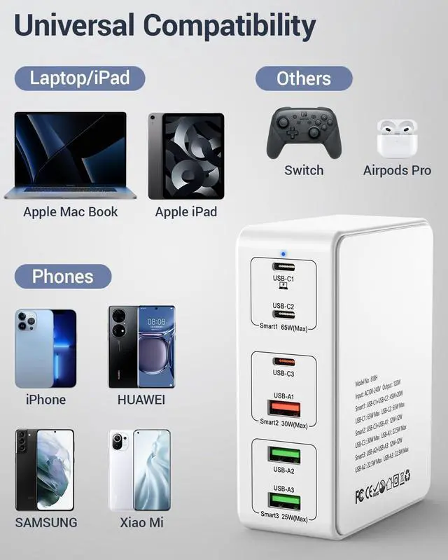 Alt view image 2 of 7 - 120W USB C Charging Station, Multiport USB Charging Station, Multi USB Charger Station, 6 Ports USB Charging Station for Multiple Devices, USB Charging Hub Compatible with MacBook, Laptop, Smartphones