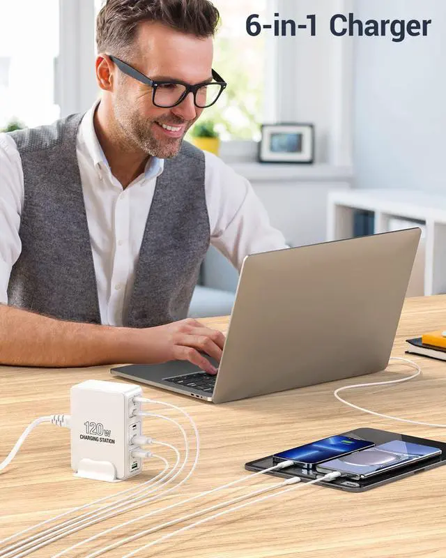 Alt view image 6 of 7 - 120W USB C Charging Station, Multiport USB Charging Station, Multi USB Charger Station, 6 Ports USB Charging Station for Multiple Devices, USB Charging Hub Compatible with MacBook, Laptop, Smartphones