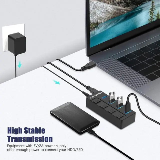 Alt view image 5 of 7 - Powered USB 3.1/3.2 Hub, 4-Port USB 3.1/3.2 Gen 2 Hub, Superspeed USB Splitter up to 10Gbps with Power Adapter and Individual Switches,Charging Supported,Compatible with Desktop and Laptop,Surface Pro