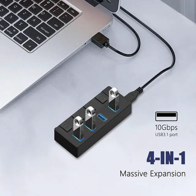 Alt view image 2 of 7 - Powered USB 3.1/3.2 Hub, 4-Port USB 3.1/3.2 Gen 2 Hub, Superspeed USB Splitter up to 10Gbps with Power Adapter and Individual Switches,Charging Supported,Compatible with Desktop and Laptop,Surface Pro
