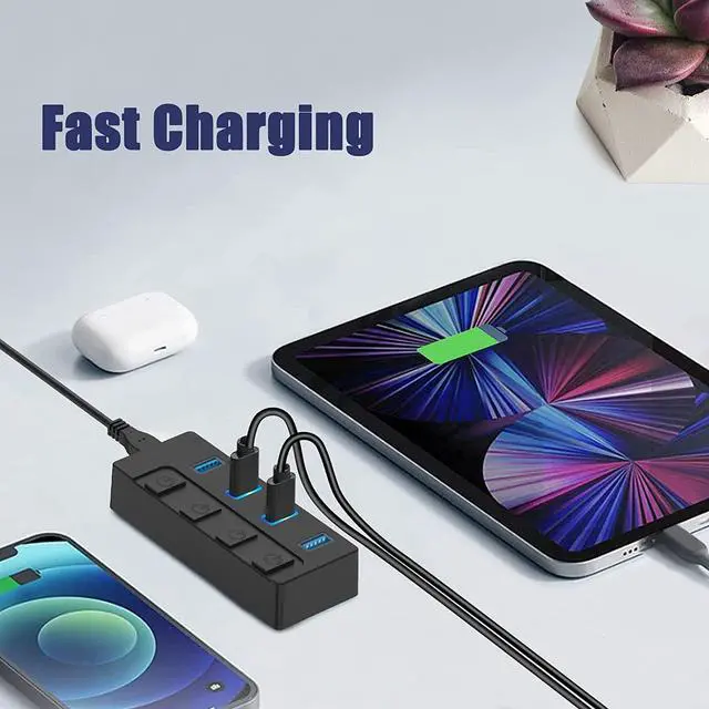 Alt view image 4 of 7 - Powered USB 3.1/3.2 Hub, 4-Port USB 3.1/3.2 Gen 2 Hub, Superspeed USB Splitter up to 10Gbps with Power Adapter and Individual Switches,Charging Supported,Compatible with Desktop and Laptop,Surface Pro