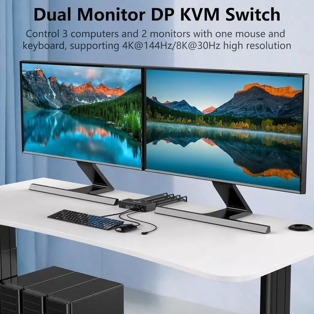 Alt view image 3 of 7 - USB 3.0 Displayport KVM Switch 3 PC 2 Monitors 4K@144Hz 8K@30Hz, Dual Monitor KVM Switch 3 in 2 Out with DisplayPort 1.4 and 4 USB 3.0 Ports for 2 PC/Laptops, with DP+USB Cable and Desktop Controller