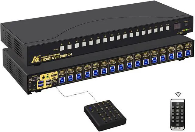 Main image of 16x1 HDMI KVM Switch with USB 3.0 HUB, 16 in 1 Out 4K HDMI Switcher with 4K@60Hz Resolution, Rack Mount KVM Switch Support HDCP, EDID, Hotkey Mouse Switching for Linux, Windows, Mac, Unix