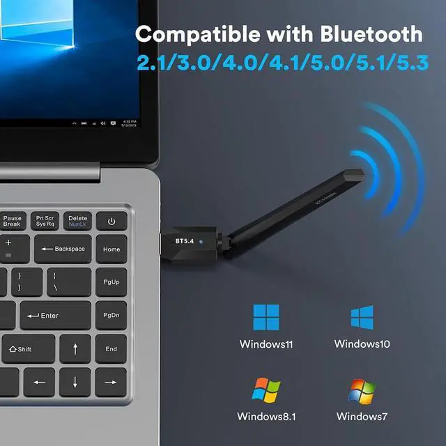 Alt view image 7 of 7 - Bluetooth 5.4 USB Adapter for PC, USB Bluetooth Dongle 5.4 EDR Adapter for Laptop Keyboard Mouse Headsets Speakers, Long Range 150M Bluetooth Adapter Supports Windows 11/10/8.1(Plug and Play)