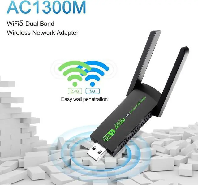 Alt view image 2 of 7 - USB WiFi Adapter, AC1300Mbps Wireless Adapter, Dual Band 5dBi High Gain Antenna 2.4GHz/ 5GHz Wireless Network Adapter for PC, Supports Windows /8/10/11