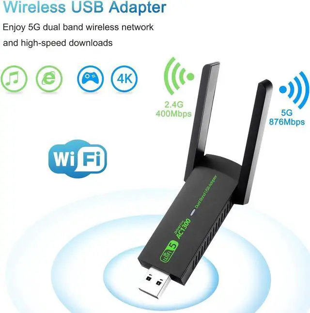 Alt view image 4 of 7 - USB WiFi Adapter, AC1300Mbps Wireless Adapter, Dual Band 5dBi High Gain Antenna 2.4GHz/ 5GHz Wireless Network Adapter for PC, Supports Windows /8/10/11