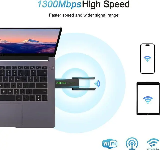Alt view image 3 of 7 - USB WiFi Adapter, AC1300Mbps Wireless Adapter, Dual Band 5dBi High Gain Antenna 2.4GHz/ 5GHz Wireless Network Adapter for PC, Supports Windows /8/10/11