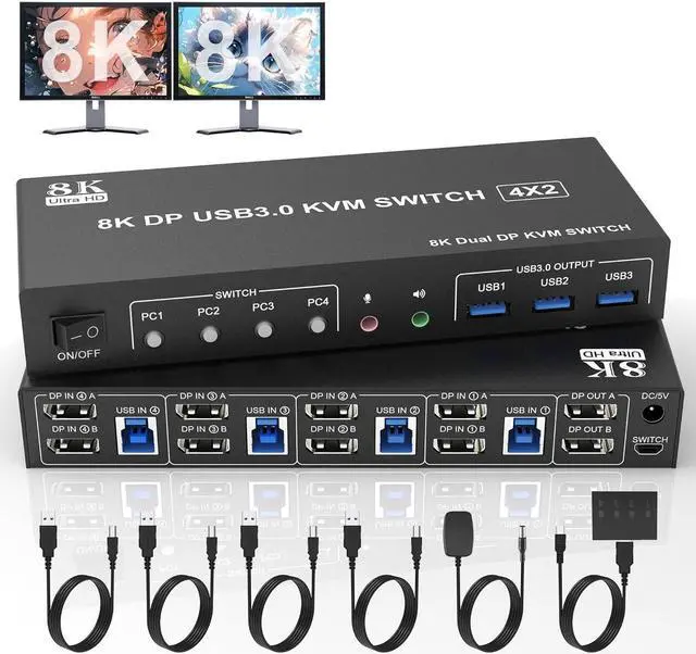 Main image of 8K@60Hz Displayport USB 3.0 KVM Switch 2 Monitors 4 Computers, DP1.4 KVM Switch Dual Monitor with Audio Microphone Output and 3 USB 3.0 Ports, 4 Port KVM Switch Displayport for 4 PCs 2 Monitors