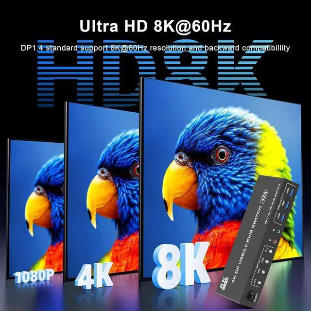 Alt view image 3 of 7 - 8K@60Hz Displayport USB 3.0 KVM Switch 2 Monitors 4 Computers, DP1.4 KVM Switch Dual Monitor with Audio Microphone Output and 3 USB 3.0 Ports, 4 Port KVM Switch Displayport for 4 PCs 2 Monitors