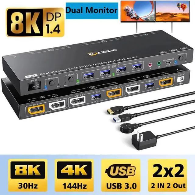 Main image of Dual Monitor Displayport KVM Switch for 2 Computers 2 Monitors 8K@30Hz/4K@144Hz Extend Display Support KVM Mode and USB Mode, 2 Port DP KVM Switch 2 in 2 Out with Voice Control and Remote Control