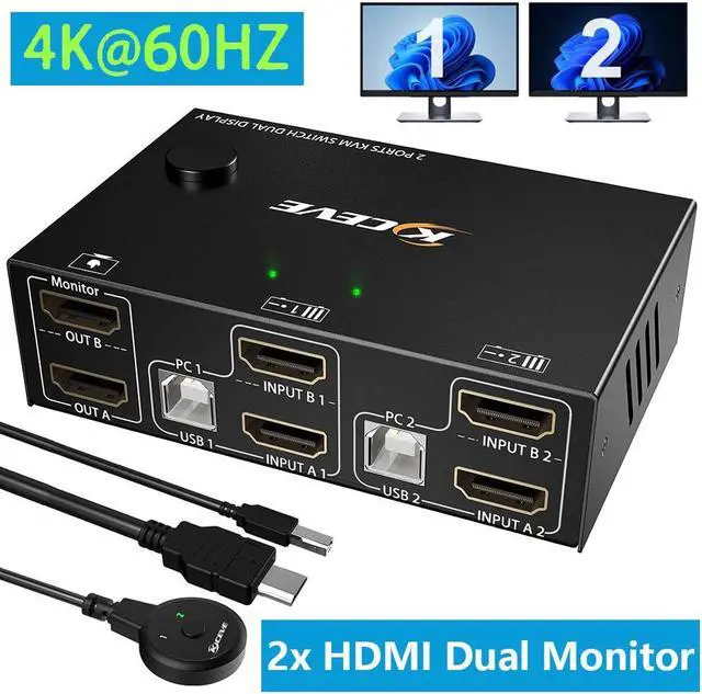 Main image of Dual Monitor HDMI KVM Switch, USB HDMI Extended Display Switcher for 2 PCs Share 2 Monitors and 4 USB 2.0 Hub, 2 Port HDMI Dual Monitor KVM Switch 2 in 2 Out, Desktop Controller and USB Cable Included