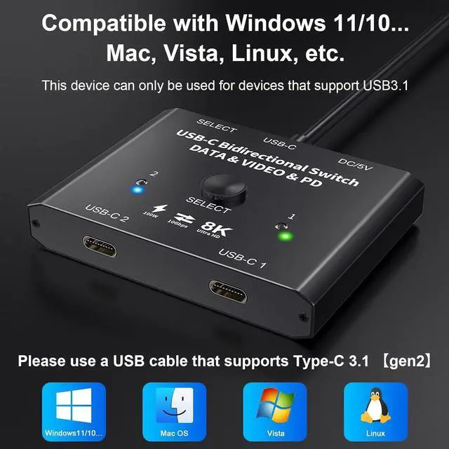 Alt view image 7 of 7 - USB C Switch 2 in 1 Out or 1 in 2 Out, Type-C Bidirectional Switcher for 2 Laptops with USB C Port, Supports8K@60Hz 4K@120Hz Video/10Gbps Data Transfer/100W Charging,Compatible with Thunderbolt Device