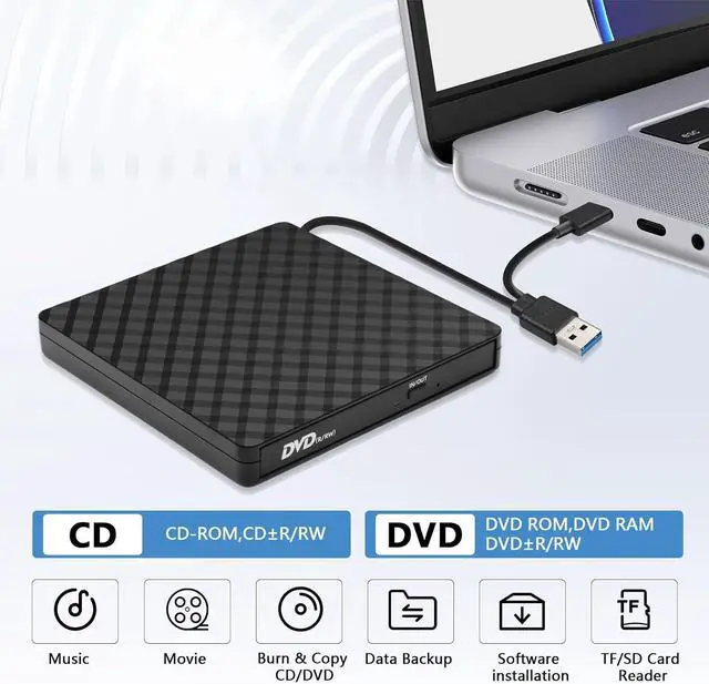 Alt view image 2 of 7 - External CD DVD Drive, External CD ROM CD/DVD Burner with USB 3.0 and USB C, Portable CD/DVD +/-RW Drive/DVD Player for PC, Laptop, Desktops, Mac-Book, Windows XP/2003/Vista/7/8/10/Linux/MacOS