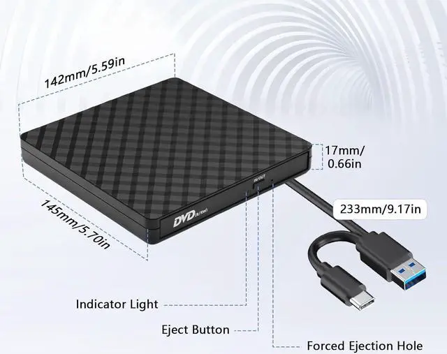 Alt view image 5 of 7 - External CD DVD Drive, External CD ROM CD/DVD Burner with USB 3.0 and USB C, Portable CD/DVD +/-RW Drive/DVD Player for PC, Laptop, Desktops, Mac-Book, Windows XP/2003/Vista/7/8/10/Linux/MacOS