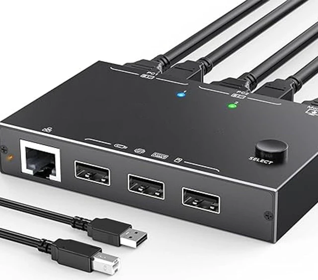Main image of HDMI KVM Switch 2 in 1 Out with Ethernet RJ45 Port, 2 Port 4K 60Hz HDMI KVM Switcher for 2 Computers Share 1 Monitor 3 USB Devices, for PCs, Laptops, for Windows MacOS X, Linux, Chrome OS giyqxHw