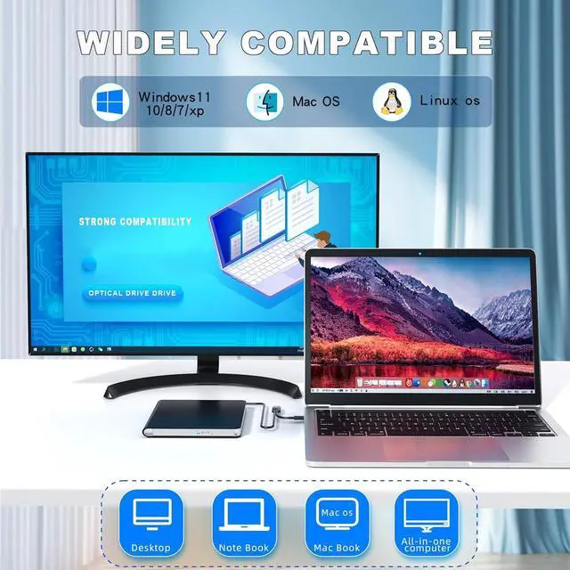 Alt view image 2 of 7 - [7 in 1] External CD/DVD Drive, Portable DVD Drive USB3.0/Type-C Portable CD Drive CD±R/RW, CD-ROM, DVD±R/RW, DVD-RAM, External CD DVD Burner for Laptop/Desktops Windows xp /7/8.1/10/11