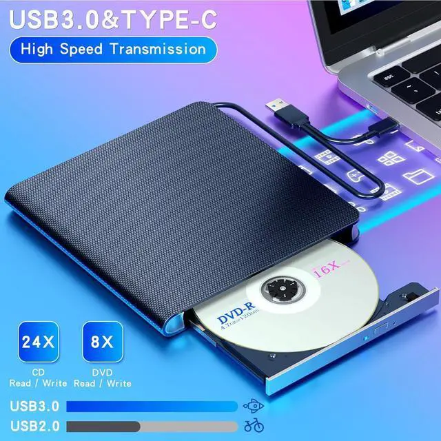 Alt view image 3 of 7 - [7 in 1] External CD/DVD Drive, Portable DVD Drive USB3.0/Type-C Portable CD Drive CD±R/RW, CD-ROM, DVD±R/RW, DVD-RAM, External CD DVD Burner for Laptop/Desktops Windows xp /7/8.1/10/11