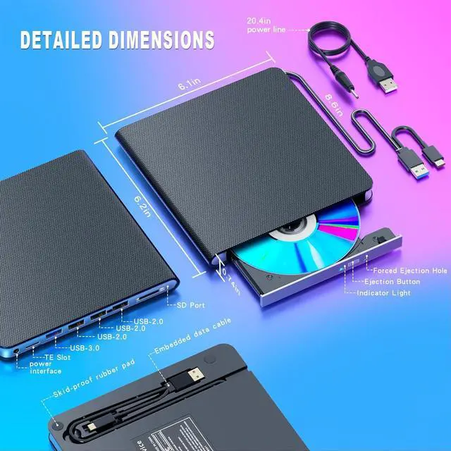 Alt view image 6 of 7 - [7 in 1] External CD/DVD Drive, Portable DVD Drive USB3.0/Type-C Portable CD Drive CD±R/RW, CD-ROM, DVD±R/RW, DVD-RAM, External CD DVD Burner for Laptop/Desktops Windows xp /7/8.1/10/11