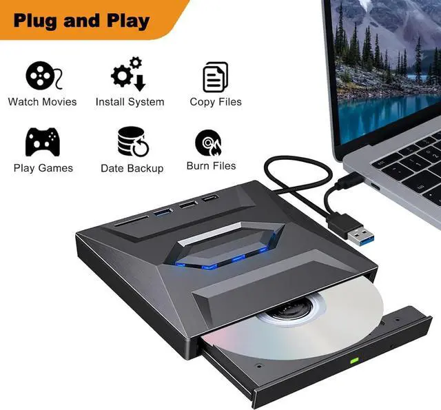 Alt view image 2 of 7 - External CD DVD Drive, [5 in 1] USB 3.0 & Type-C Portable CD DVD +/-RW ROM Burner with SD/TF Slot & USB Ports, DVD 8X CD 24X High Speed CD/DVD Reader for Laptop Macbook Desktop PC Windows Linux Mac OS