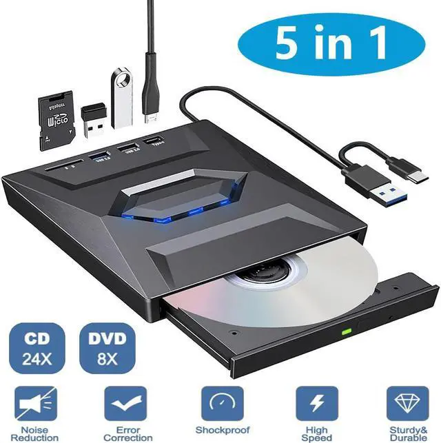 Main image of External CD DVD Drive, [5 in 1] USB 3.0 & Type-C Portable CD DVD +/-RW ROM Burner with SD/TF Slot & USB Ports, DVD 8X CD 24X High Speed CD/DVD Reader for Laptop Macbook Desktop PC Windows Linux Mac OS