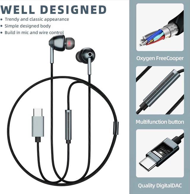 Alt view image 5 of 7 - USB C Headphones for Galaxy S23 FE S22 S21 S20 A53 A54 Wired Earphones in-Ear Type C Headphones with Microphone Volume Control Bass Stereo Noise Canceling for iPhone 15 Pro Max Pixel 6 7 8 5
