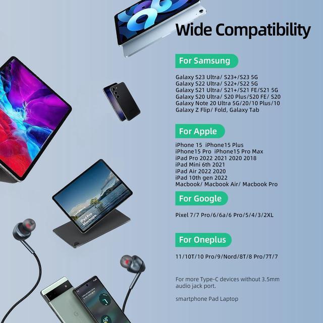Alt view image 7 of 7 - USB C Headphones for Galaxy S23 FE S22 S21 S20 A53 A54 Wired Earphones in-Ear Type C Headphones with Microphone Volume Control Bass Stereo Noise Canceling for iPhone 15 Pro Max Pixel 6 7 8 5