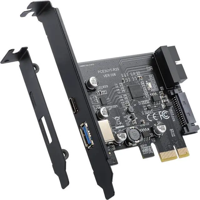 Main image of PCI-E 1X to USB 3.2 Gen1 5Gbps 2 Ports Expansion Card (Type C+ Type A), with 19PIN USB 3.0 Interface + 15PIN SATA Power Connector, USB C PCIE Card Supports Windows 10/8/7/Linux