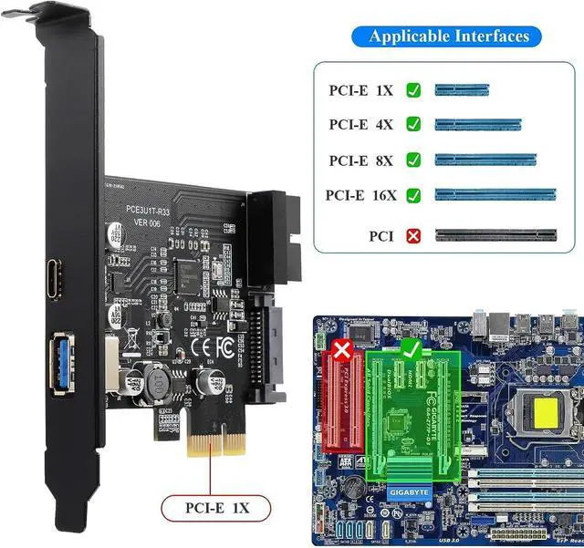 Alt view image 2 of 7 - PCI-E 1X to USB 3.2 Gen1 5Gbps 2 Ports Expansion Card (Type C+ Type A), with 19PIN USB 3.0 Interface + 15PIN SATA Power Connector, USB C PCIE Card Supports Windows 10/8/7/Linux