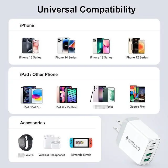 Alt view image 4 of 7 - 3 Pack USB Wall Charger Block, Fast USB C Charger Block 4 Port USB PD Power Adapter, QC Wall Plug Multiport Type C Charging Cube for i-Phone 15/14/13/12/11,L-G,Nexus,H-T-C,Go-o-gle Pixel, and More